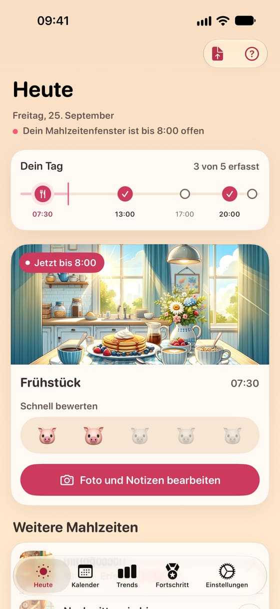 Porkfolio-Ansicht «Heute» mit den Mahlzeiten des Tages und einer schnellen Bewertung des Schweinchen-Levels