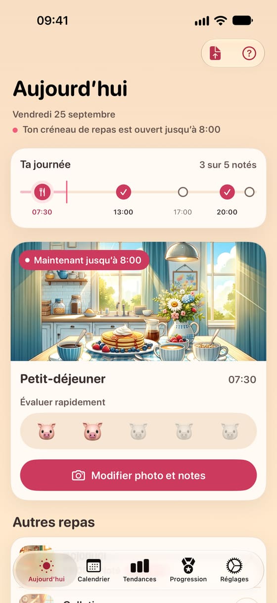 Écran « Aujourd’hui » de Porkfolio avec les repas du jour et une évaluation rapide du Niveau petit cochon