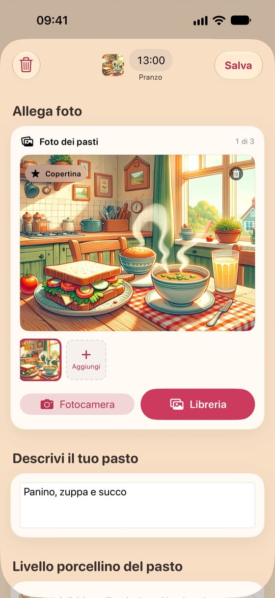 Inserimento di un pasto in Porkfolio con una foto e una descrizione scritta