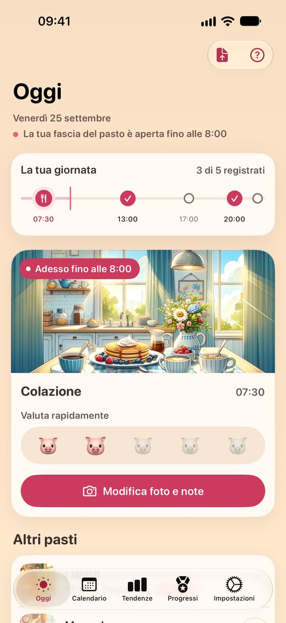 Schermata «Oggi» di Porkfolio con i pasti del giorno e una valutazione rapida del Livello porcellino